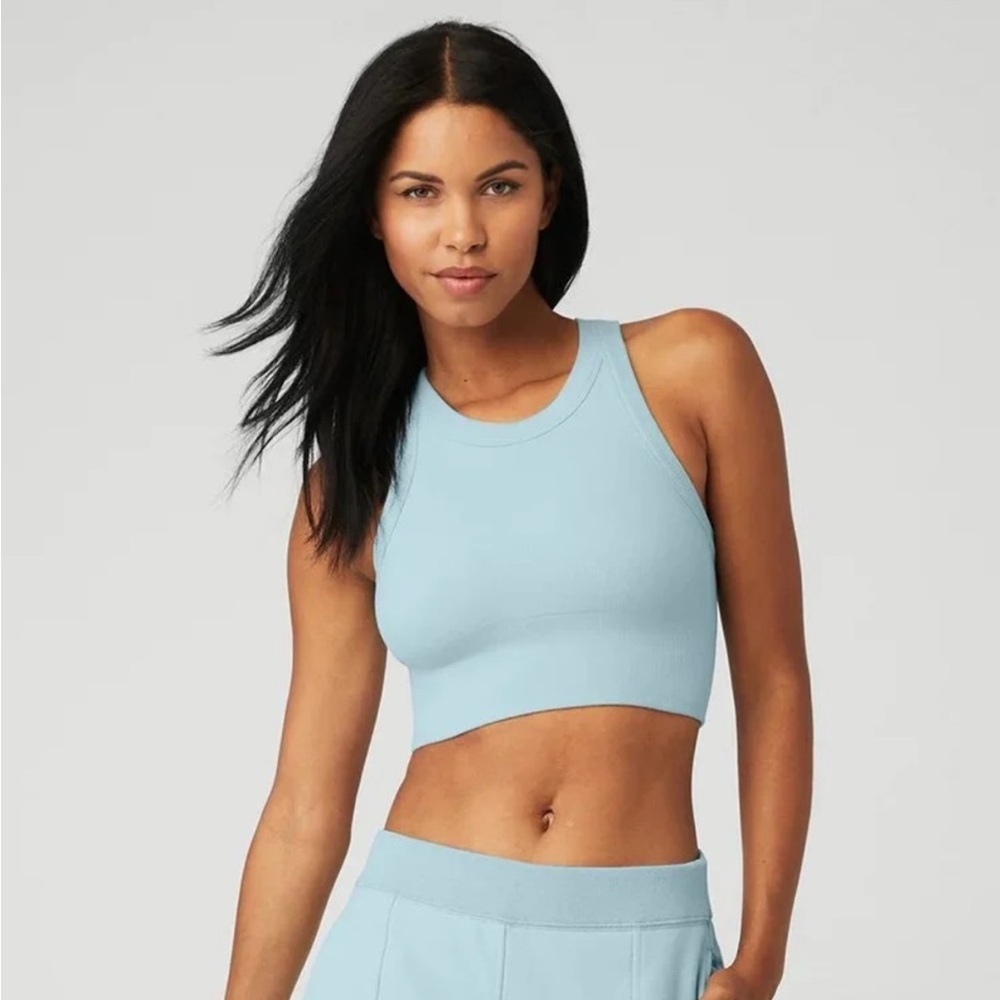 LIKE NEW, Alo Seamless Delight Chalk Blue High Neck Bra, Small
